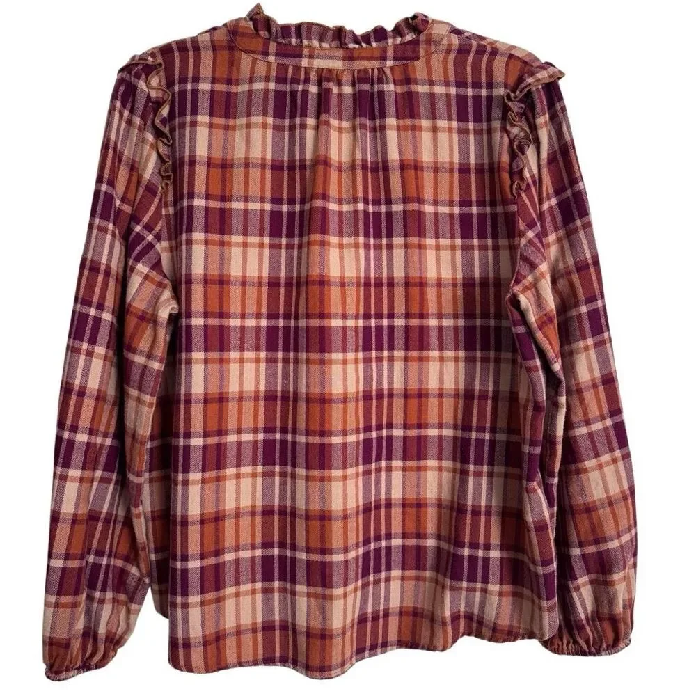 FRYE Ruffle Placket Plaid Button Down Flannel Shirt L - Picture 5 of 7